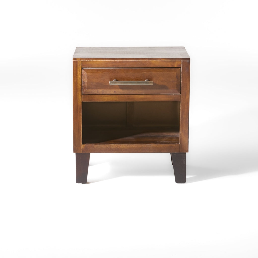 End Table in Brown Acacia Wood with Storage Drawer and Shelf