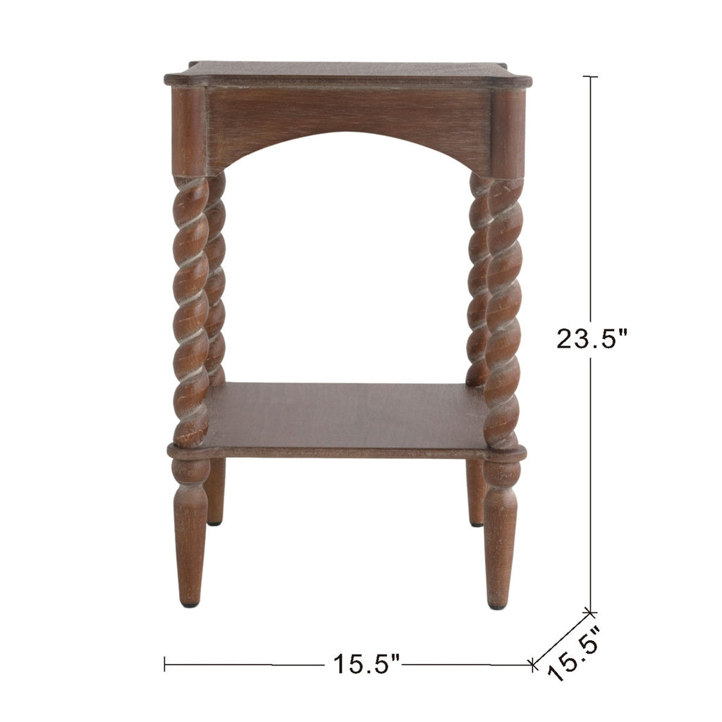 15.5x15.5x23.5' Distressed Brown Wood Side Table with Turned Spiral Legs and Lower Shelf