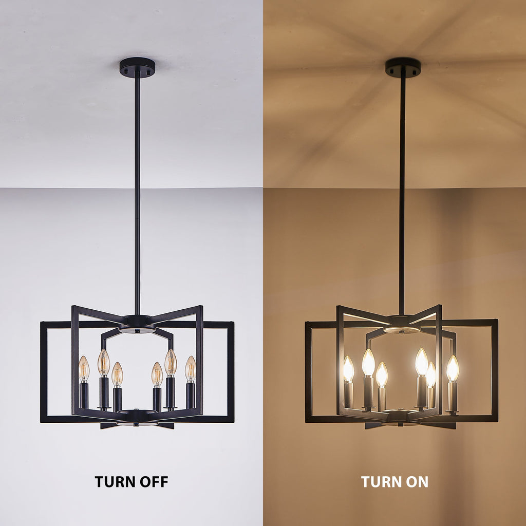 22' Modern Black Geometric 6-Light Chandelier – Industrial Metal Pendant Light Fixture for Living Room, Dining Room, or Kitchen (Bulb Not Included)