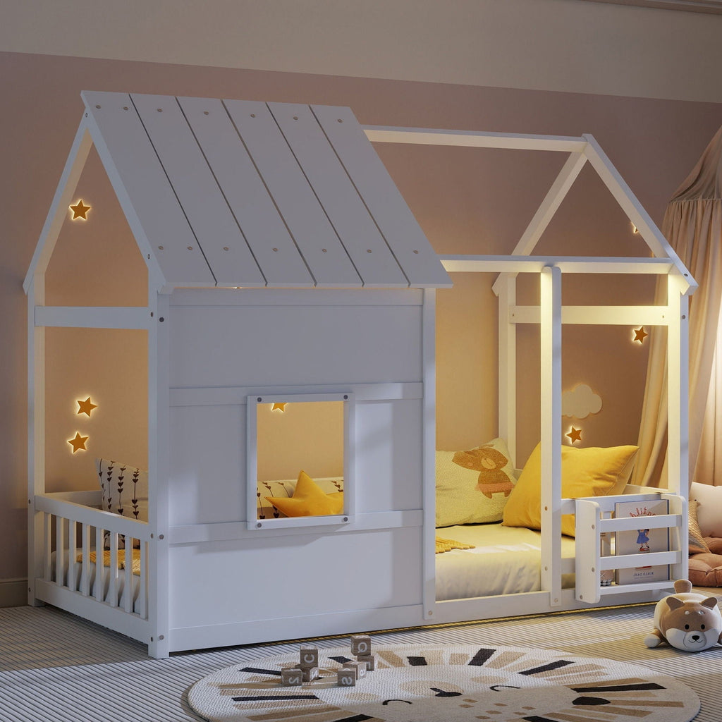 House Floor Bed With 7 Color LED Light, Built In Bookshelf