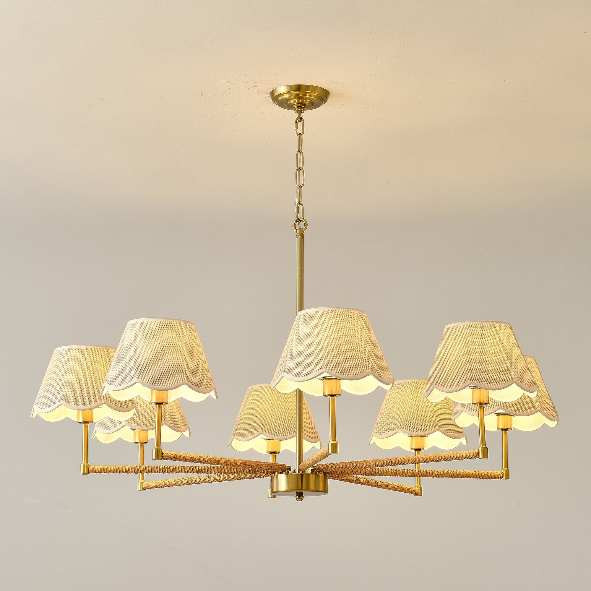 8-Light Rope and Fabric Shade Gold Chandelier