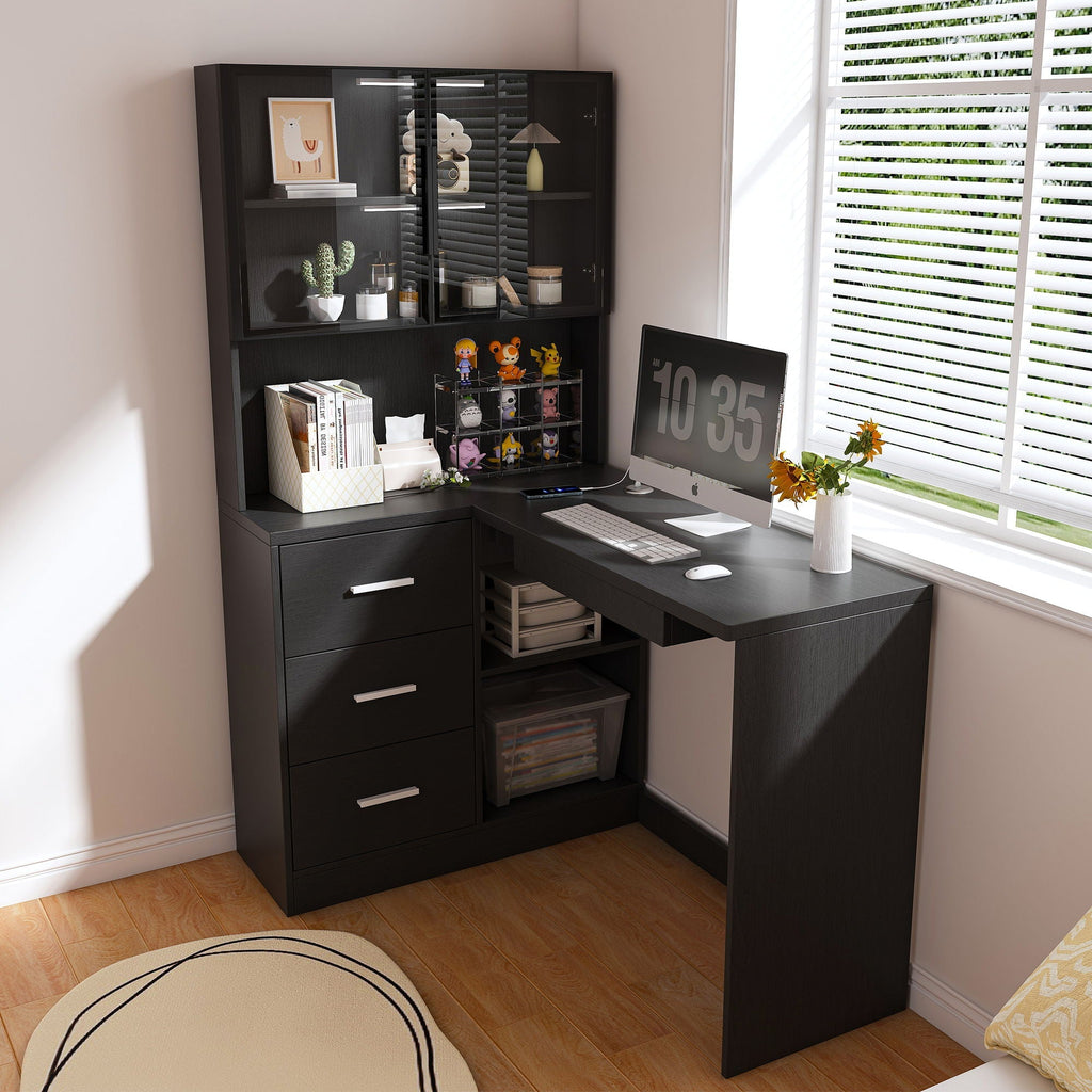 L-Shaped Computer Desk with Glass Cabinets, Built-In LED Lights, and USB Charging Ports
