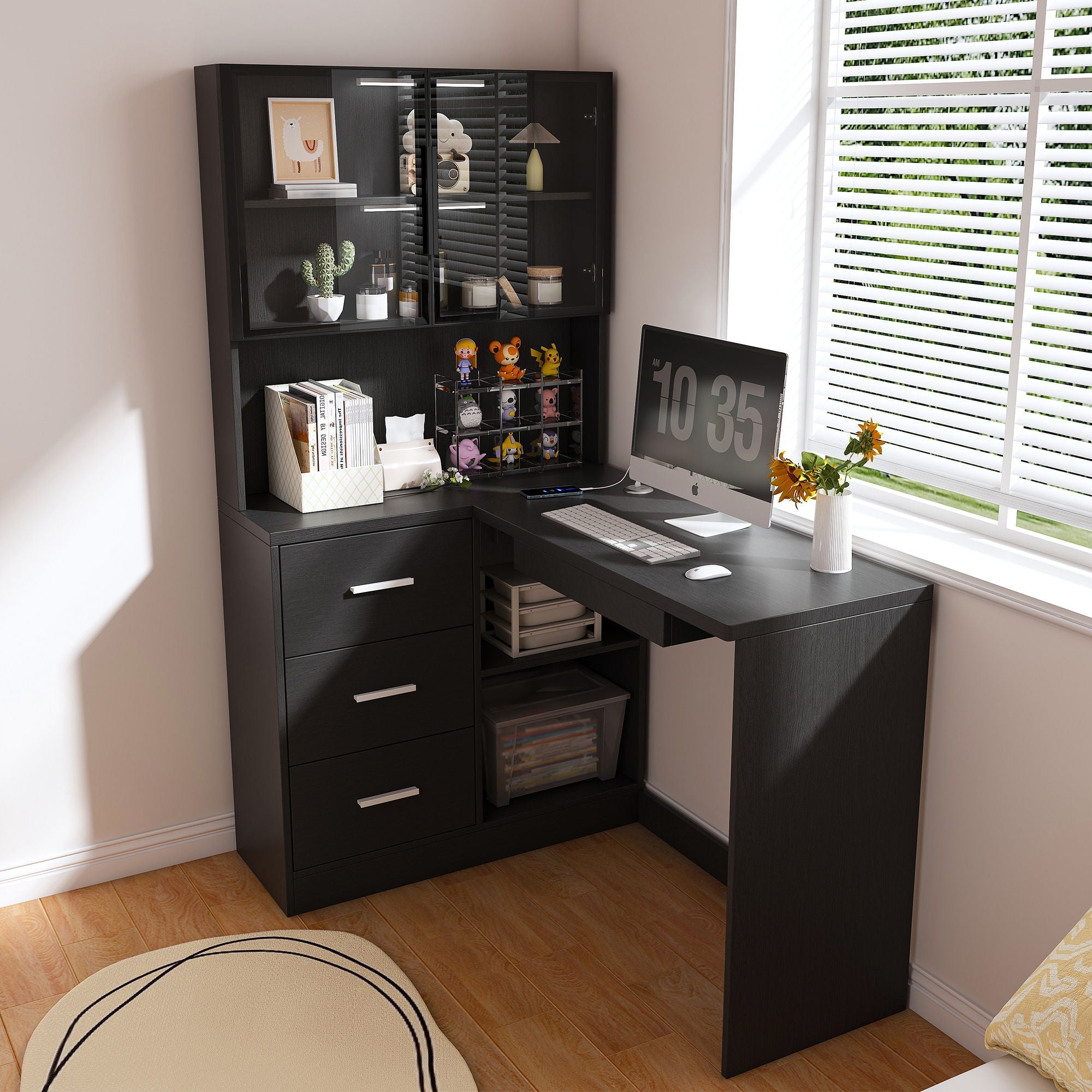 L-Shaped Computer Desk with Glass Cabinets, Built-In LED Lights, and USB Charging Ports