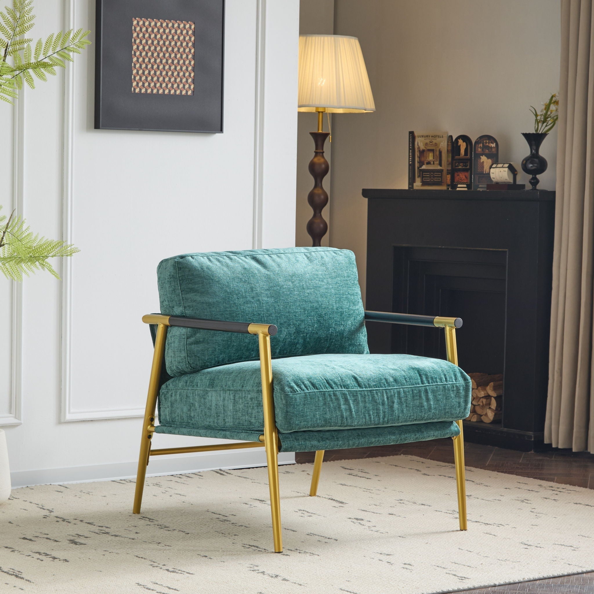 Modern Accent Chair With Plush Cushions and Wooden Armrests