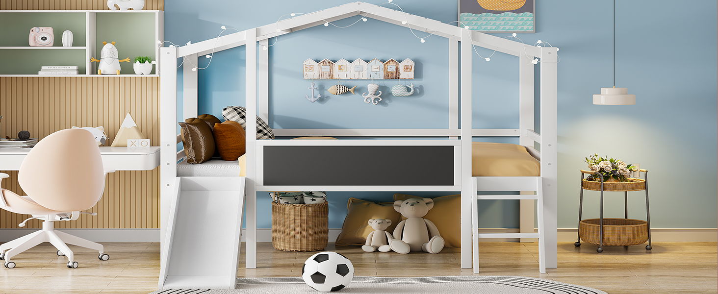 Loft House Bed With Ladder And Slide, With board And Light Strip On The Roof