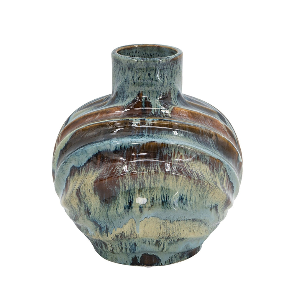 9.4x9.4x11" Blue and Brown Reactive Glazed Accent Vase