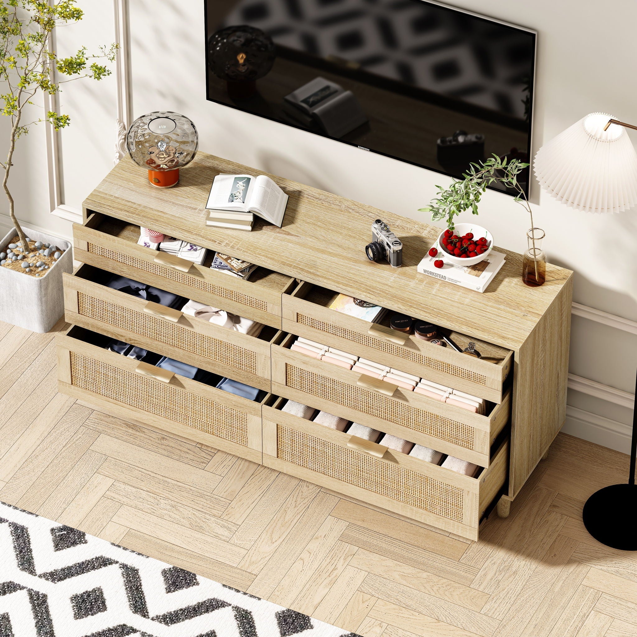Rattan Dresser With 6 Drawers, Legs & Handles, Storage Cabinet - Natural