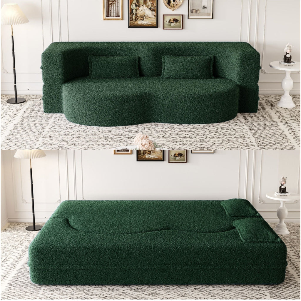 Modern Floor Sofa With Two Pillows Convertible Teddy Fabric Foam Filled Bed