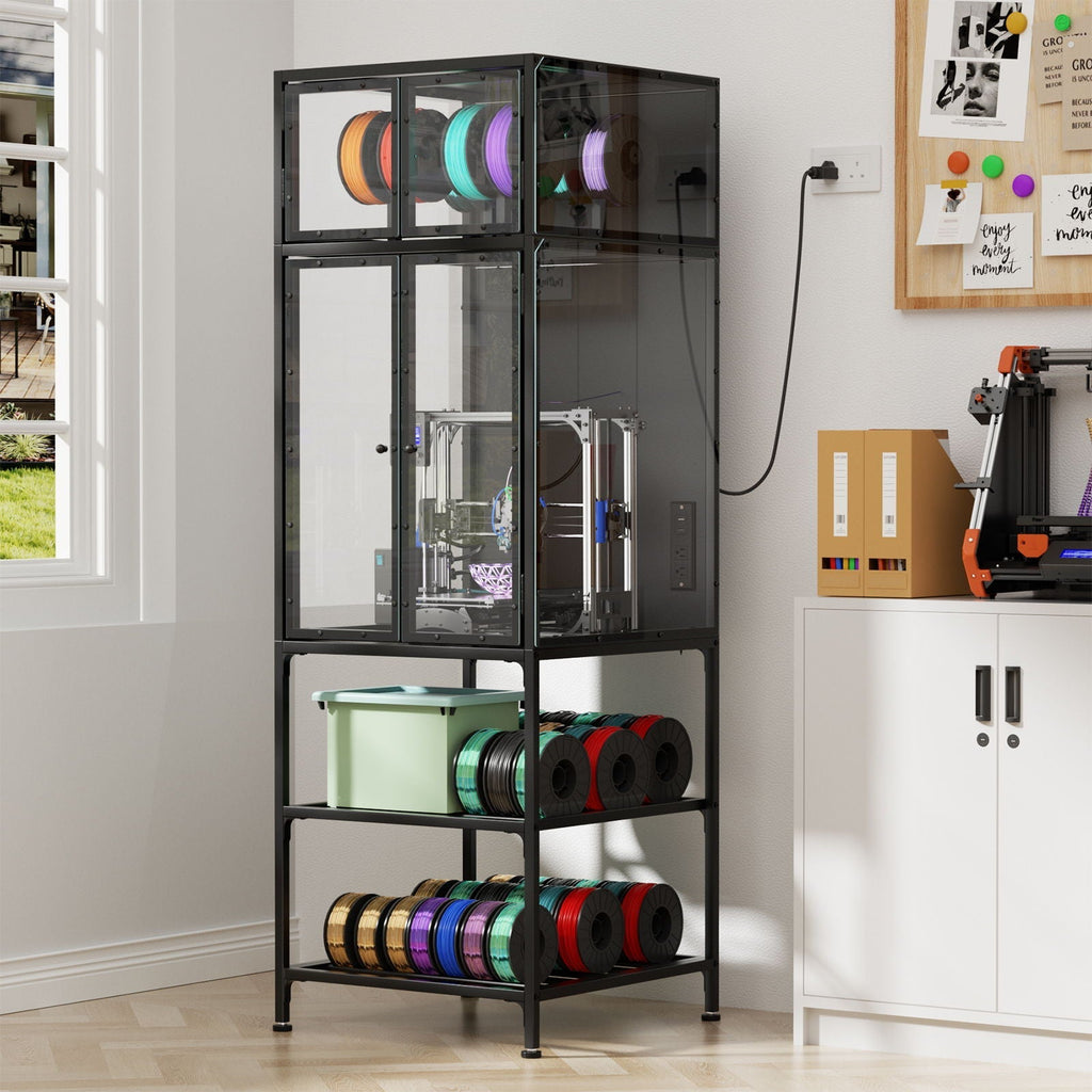 3D Printer Cabinet With Double Layer Filament Storage, T-Shaped Filament Bar, Noise Reducing And Dust Proof Design - Black