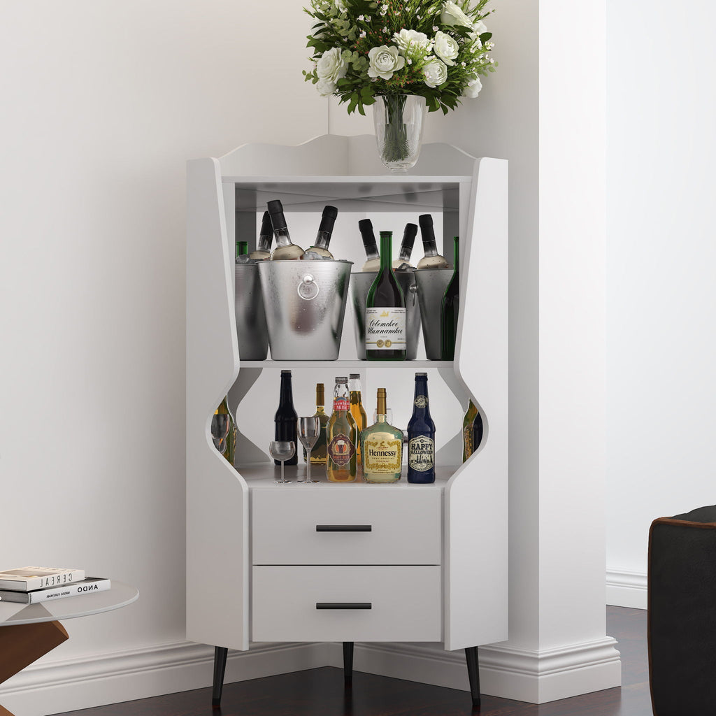 Corner Bar Cabinet With Mirrored Back, 2 Open Shelves & 2 Drawers