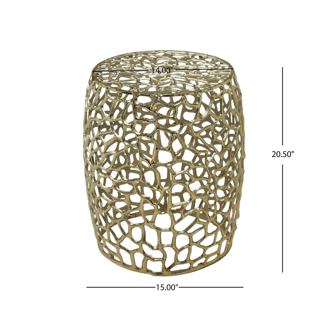 Aluminum Drum End Table with Intricate Design in Gold
