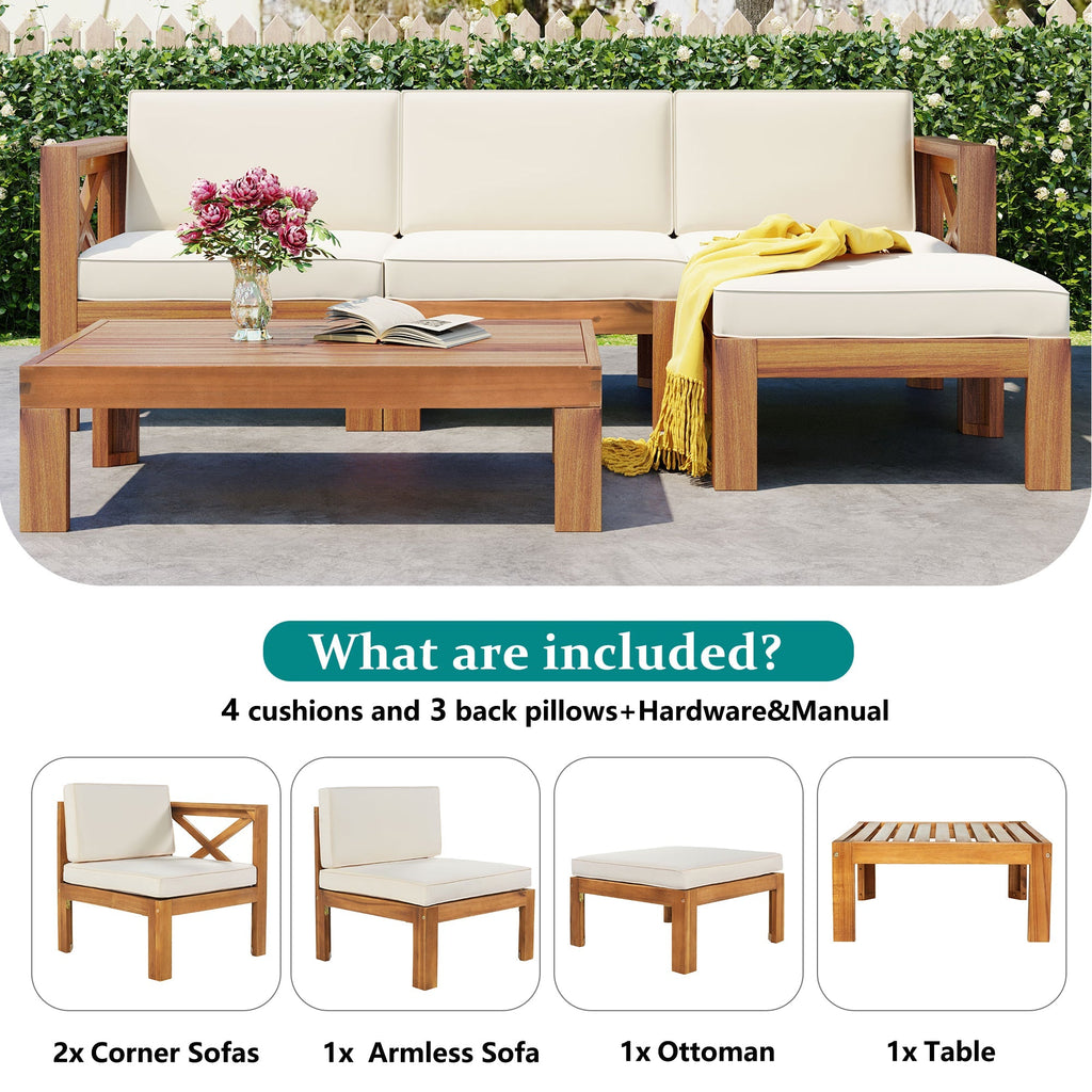 Topmax Outdoor Patio Wood 5-Piece Sectional Sofa Seating Group Set