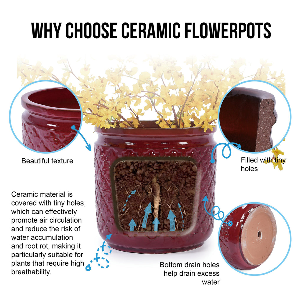 3 Pieces Ceramic Flowerpot Set, Bean Paste Red