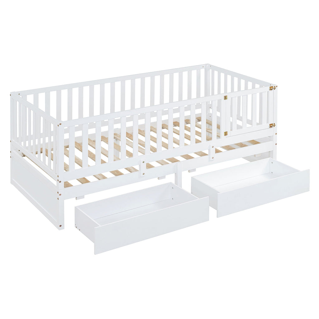Daybed With Fence Guardrails And 2 Drawers, Split Into Independent Floor Bed & Daybed