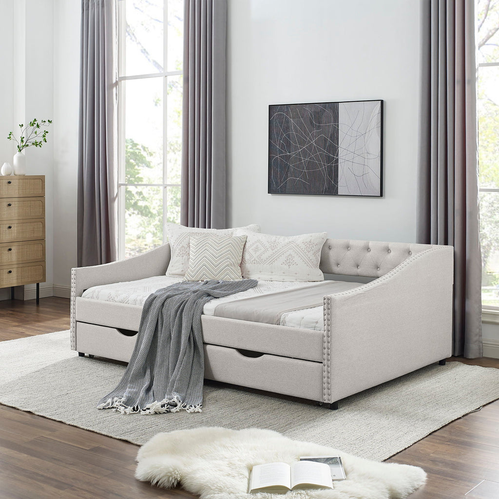 Upholstered Tufted Daybed With Drawers, Waved Arms