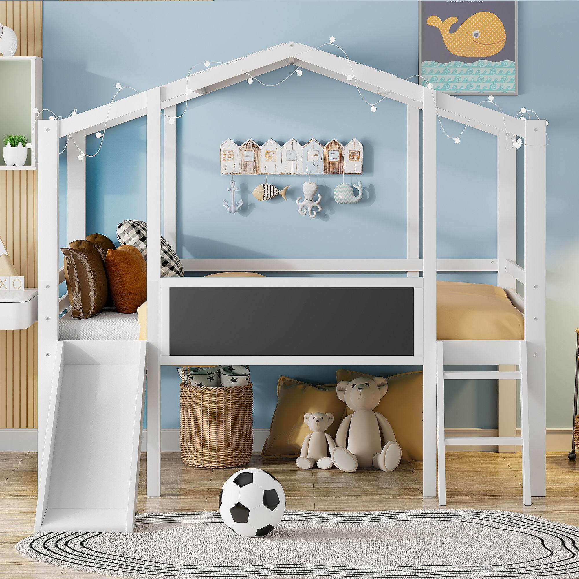 Loft House Bed With Ladder And Slide, With board And Light Strip On The Roof
