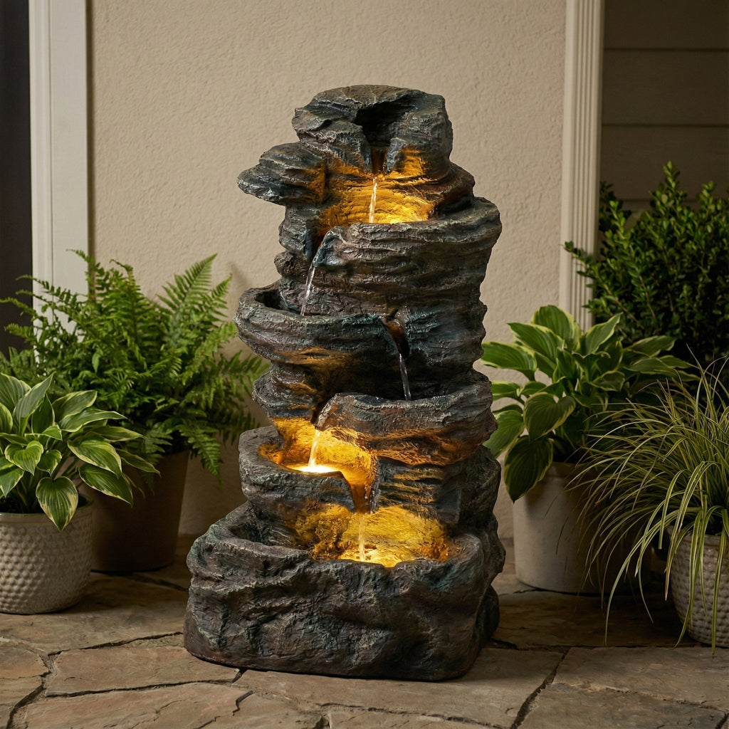 6-Tier Outdoor Cascading Stone Water Fountain with 3 LED Lights