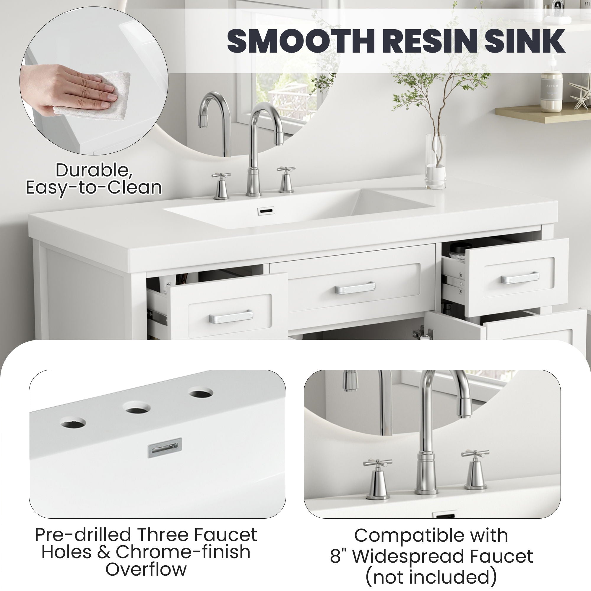 Vanity Top With 3 Faucet Holes, Rectangular Basin For Bathroom - White