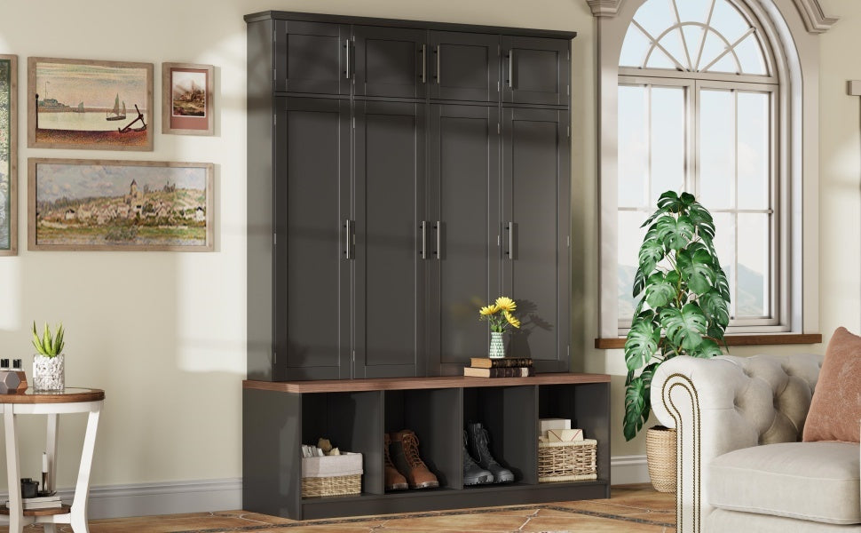 Farmhouse Hall Tree with 4 Hidden Hanging Hooks and Storage Bench