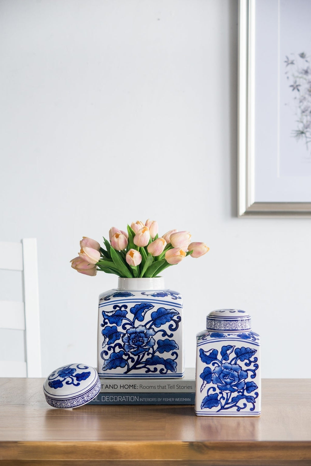 5x5x8' Hand Painted Square Canister with Blue and White Floral Pattern