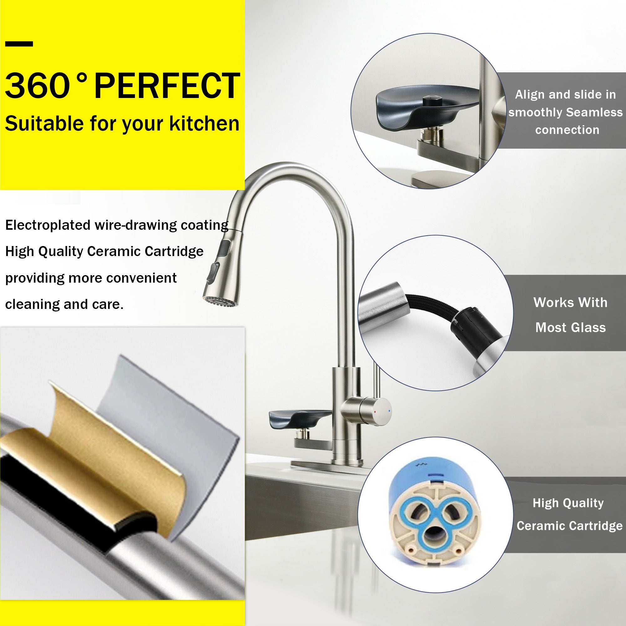 3-in-1 Kitchen Faucet with LED Temperature Display, Press-Type Glass Rinser, Pull-Down Sprayer, 3 Spray Modes, Brushed Nickel Finish, Stainless Steel Construction