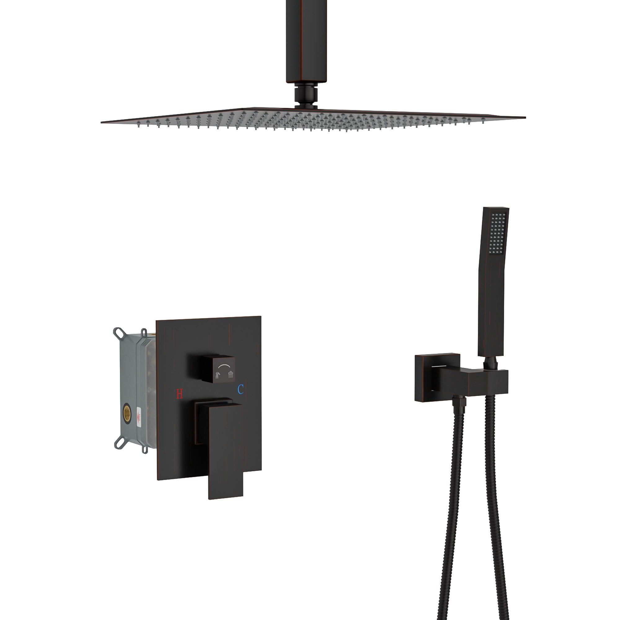 Dual Shower Head 16" Ceiling Mount Square Shower System with Rough In Valve