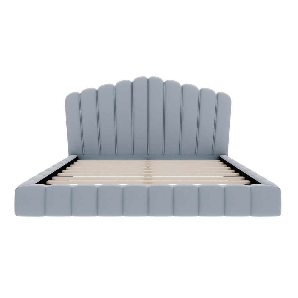 Velvet Upholstered Queen Bed with Shell-Shaped Headboard
