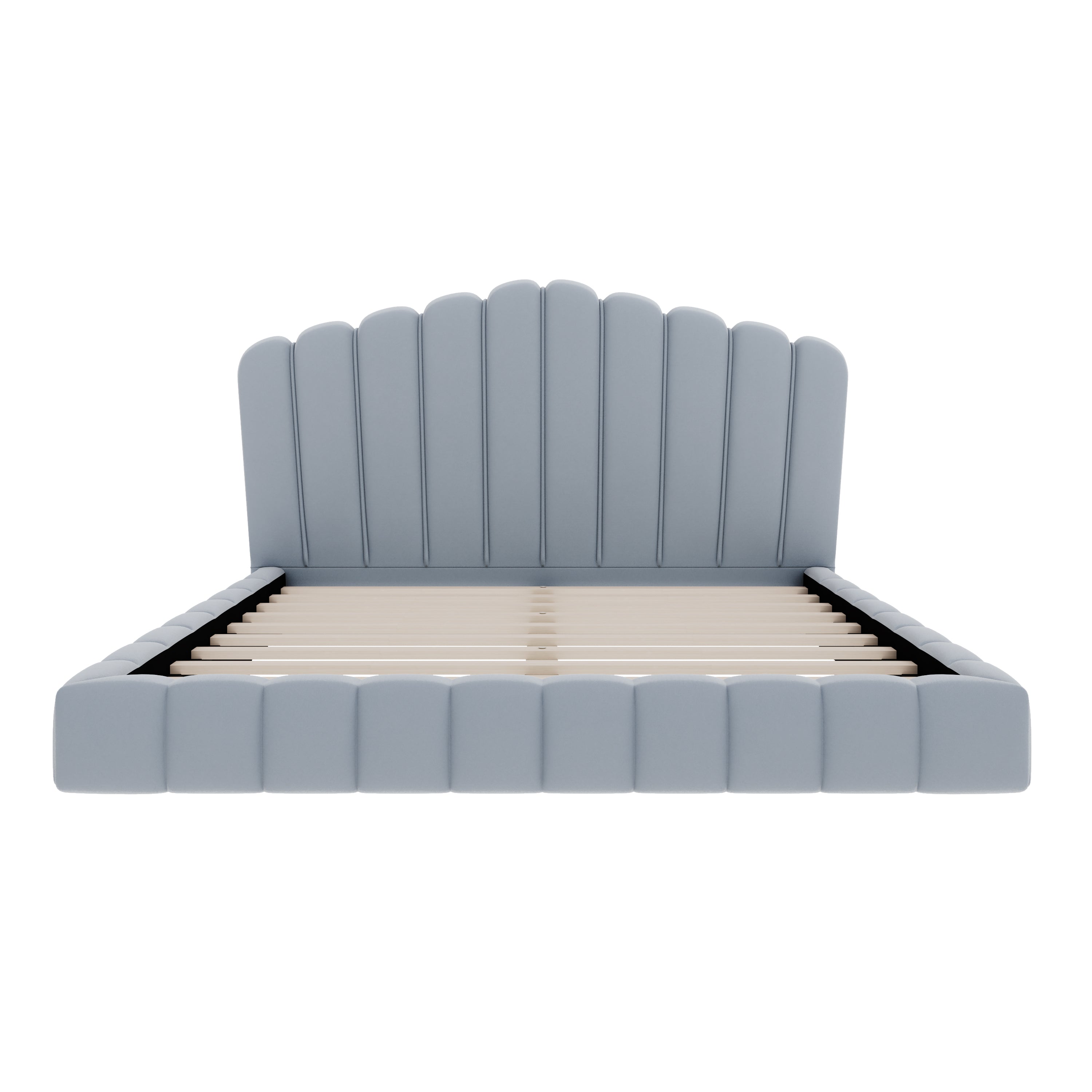 Velvet Upholstered Queen Bed with Shell-Shaped Headboard
