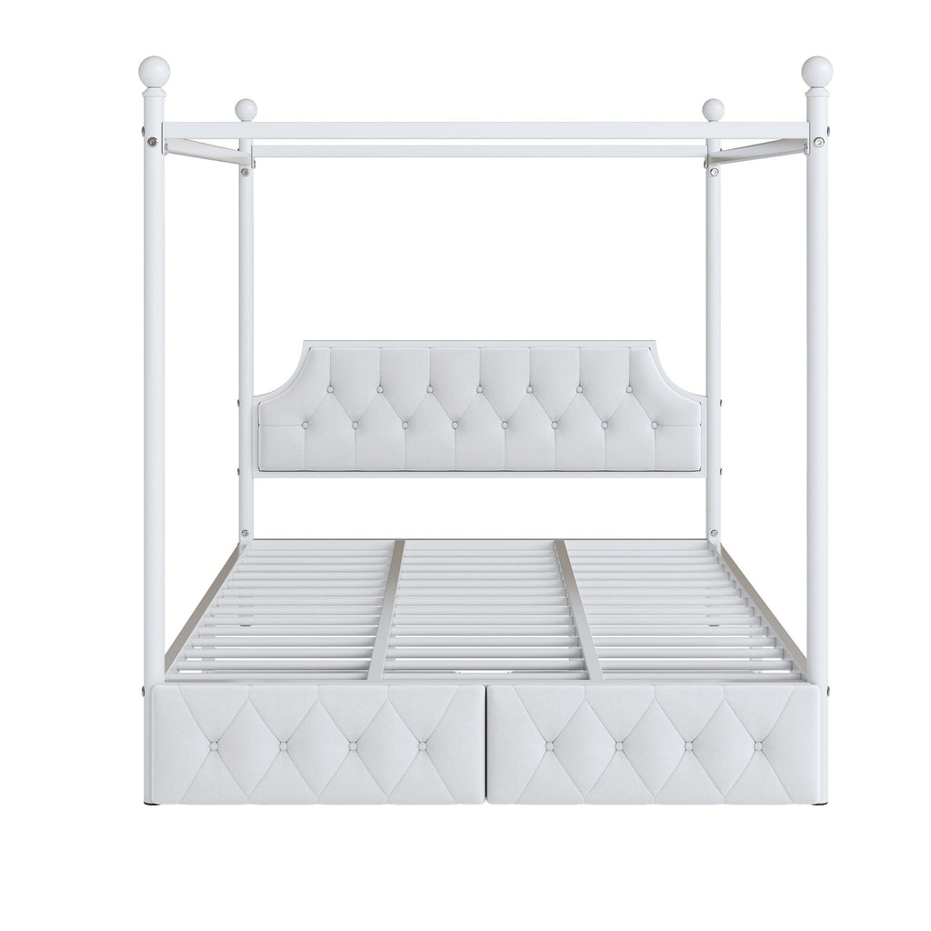 Queen Size Canopy Platform Bed With Upholstered Headboard And 2 Storage Drawers - White