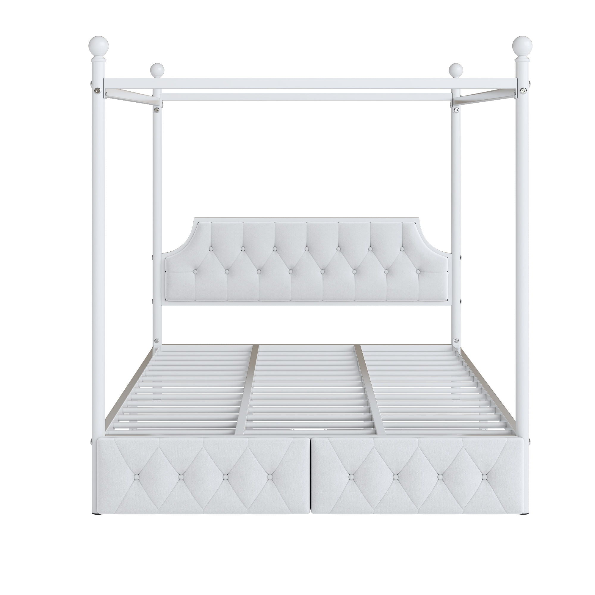 Queen Size Canopy Platform Bed With Upholstered Headboard And 2 Storage Drawers - White