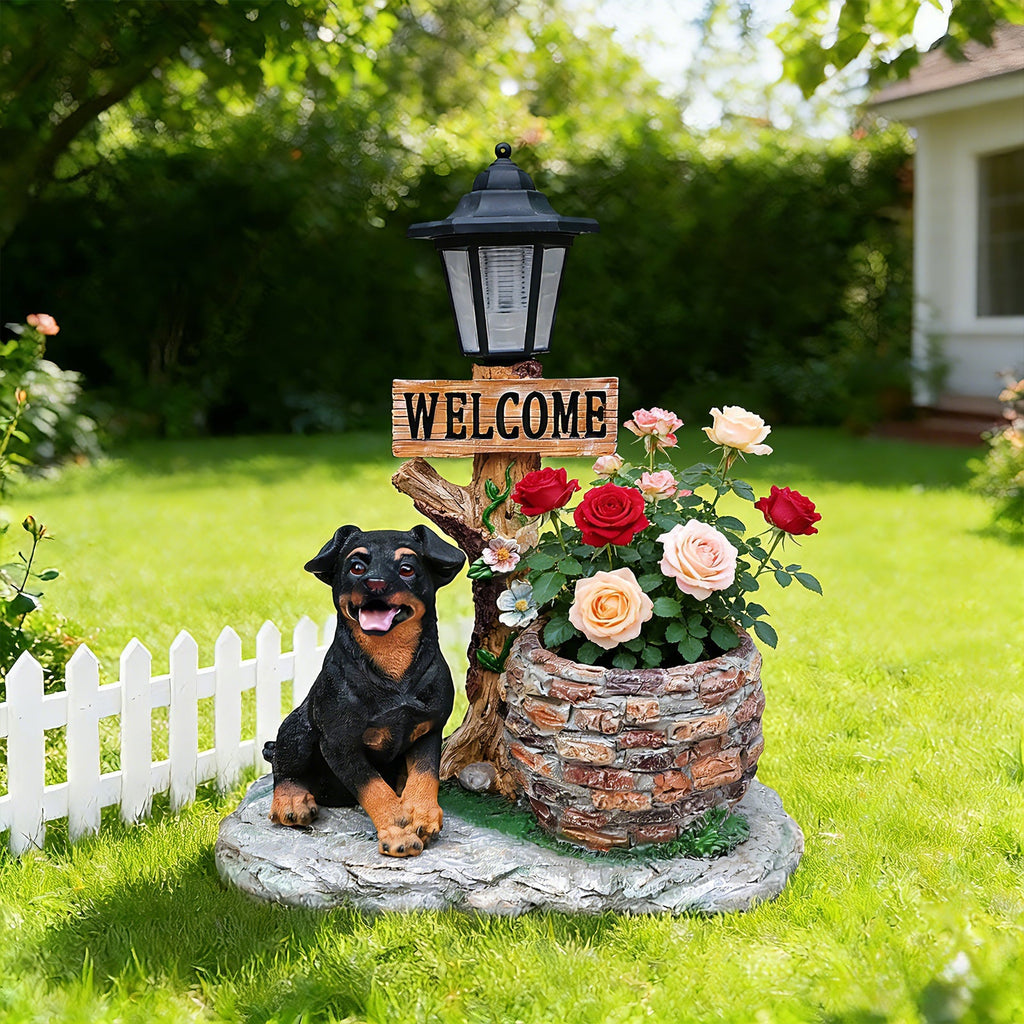 Puppy Dog Solar Planter Outdoor Statue