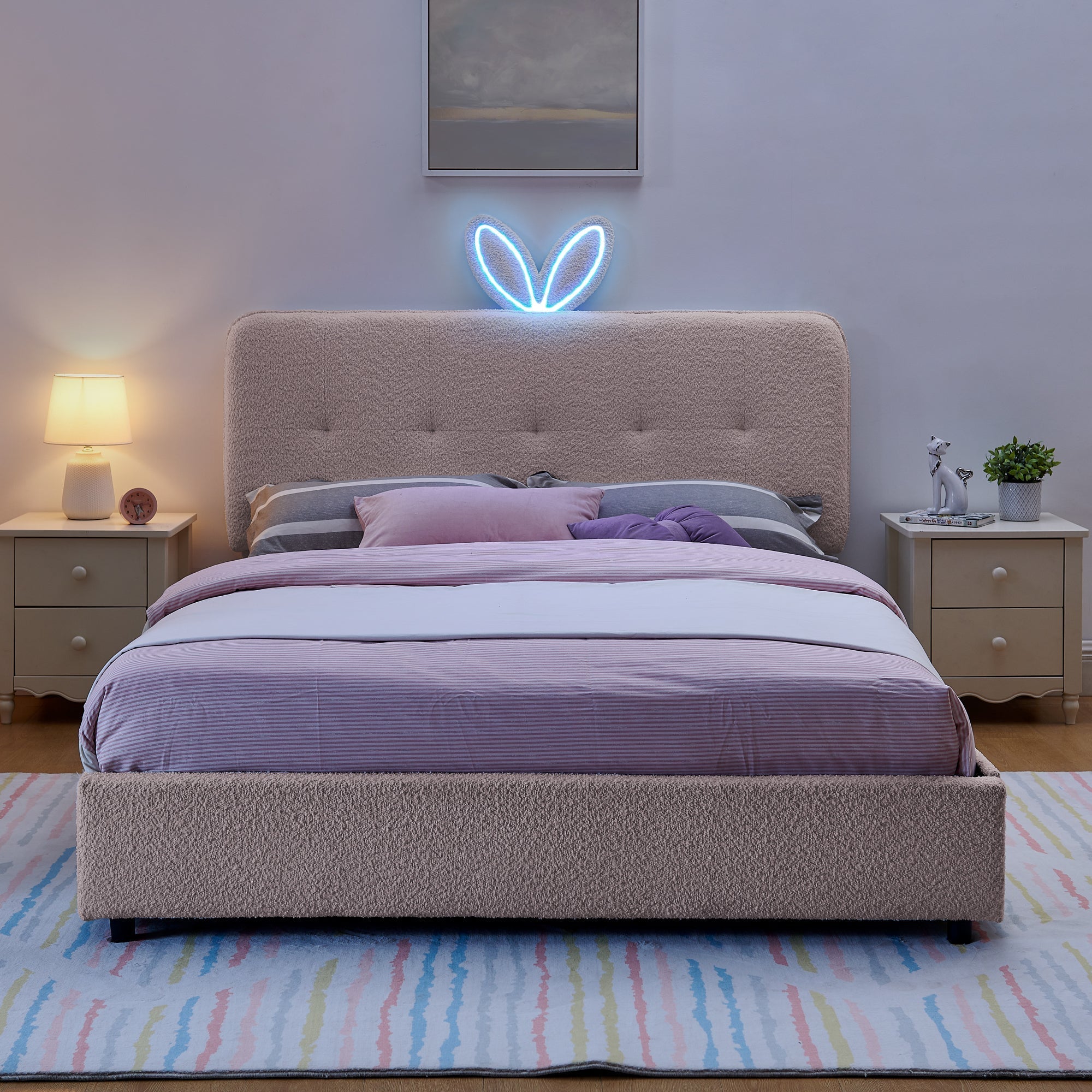 Queen Size Kids Upholstered Bed with Rabbit Ear Headboard & Storage