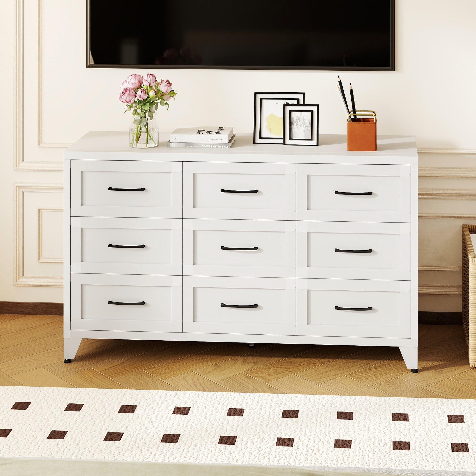 9 Drawer White Metal Dresser with Quiet-Glide Rails