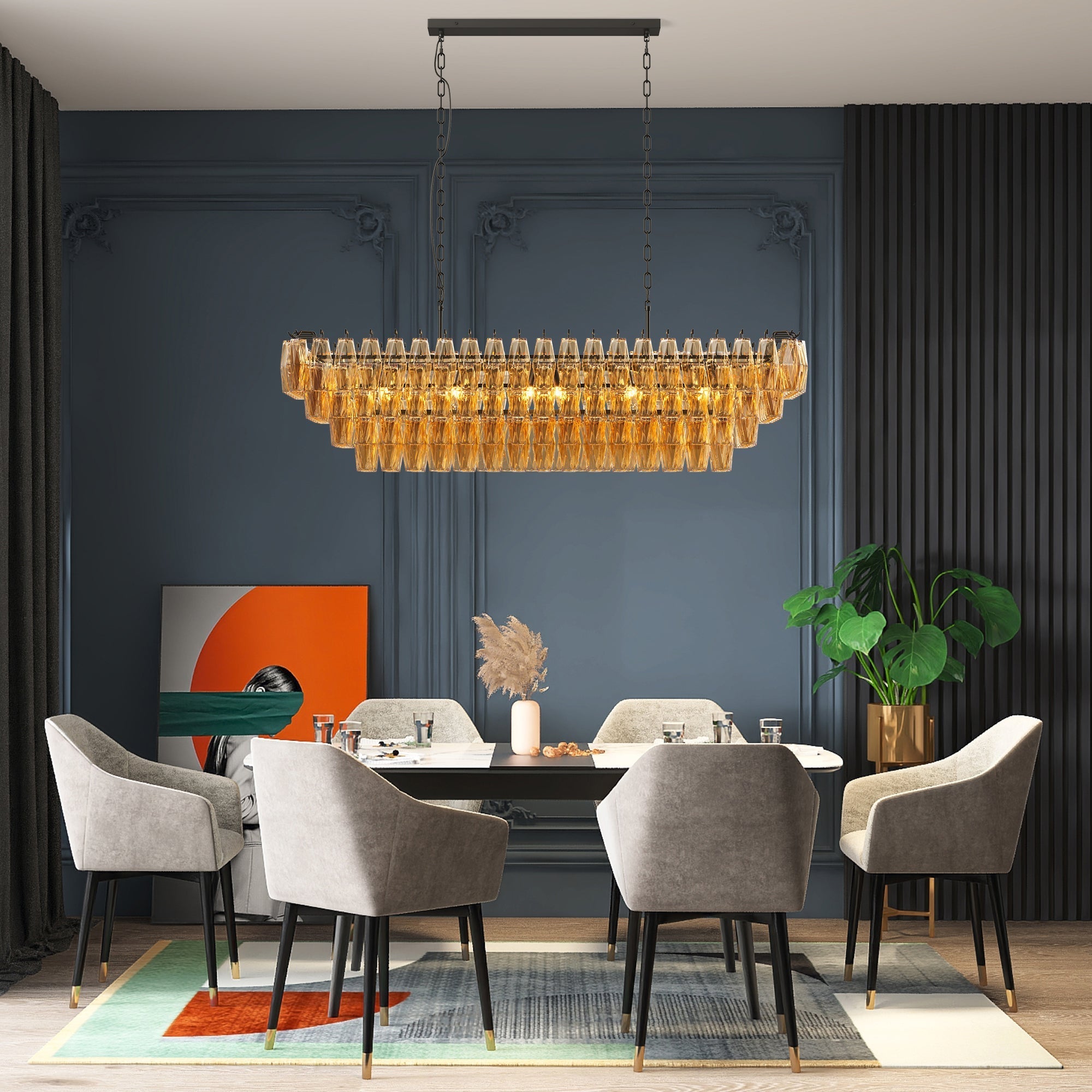 54-Inch Black Rectangular 12-Light Smoke Glass Chandelier