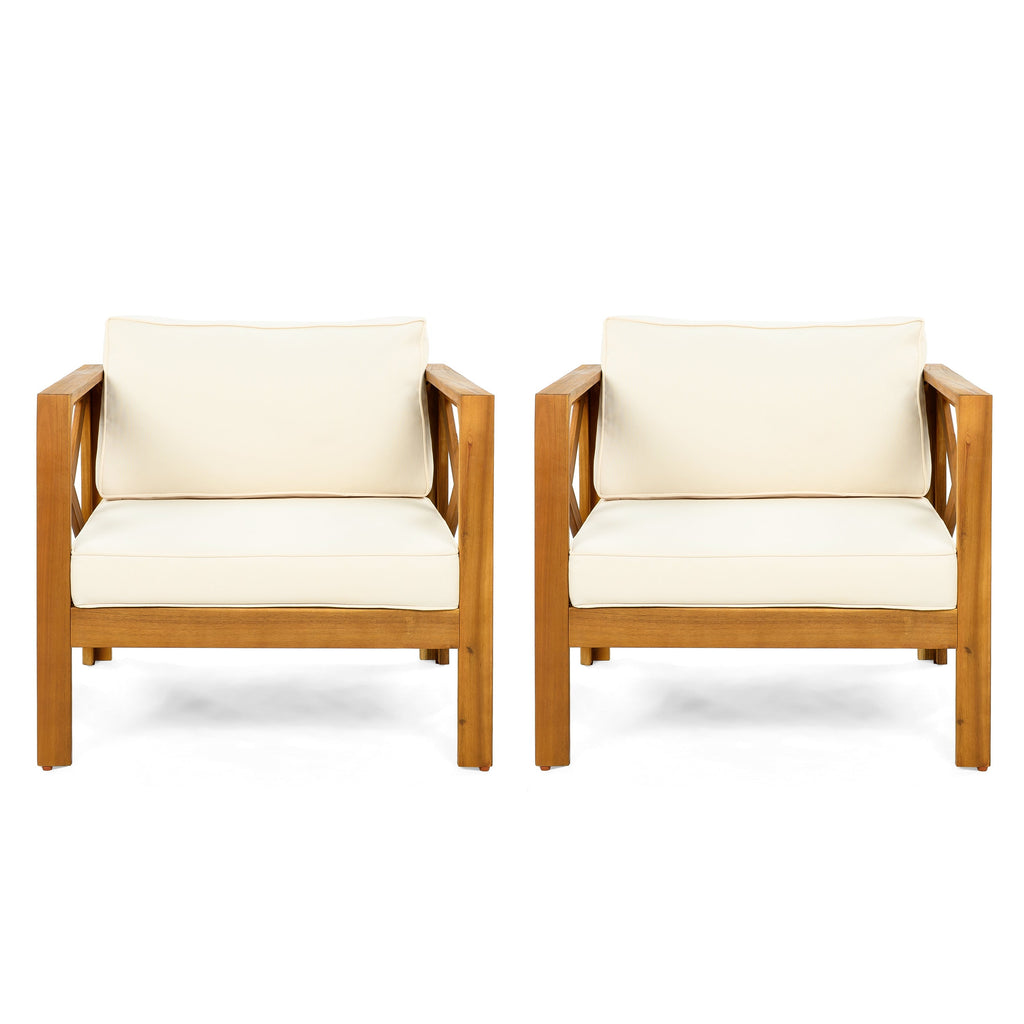 Outdoor Acacia Wood Club Wooden Armchair with Cushions (Set of 2)