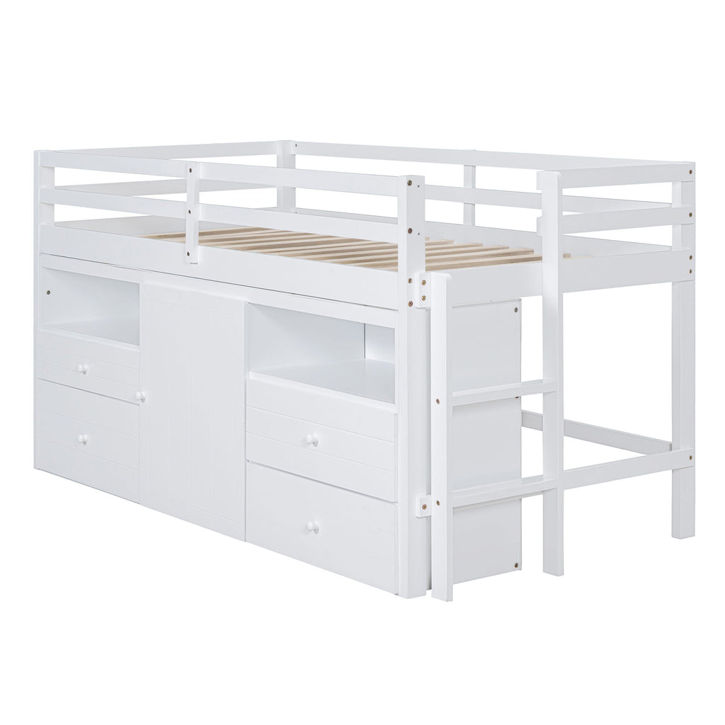 Loft Bed With 4 Drawers, Underneath Cabinet And Shelves