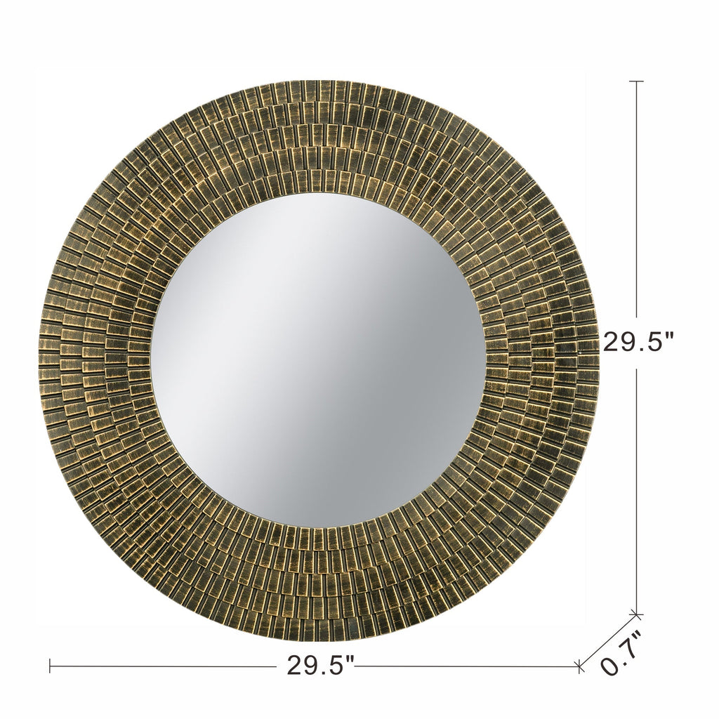 29.5" Round Gold and Black Wooden Accent Mirror with Woven Texture