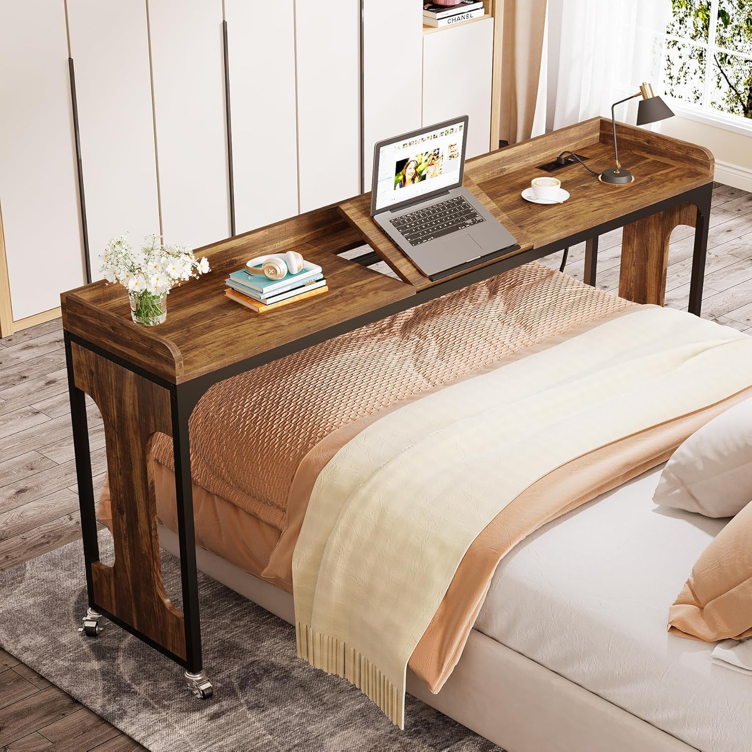 Height Adjustable Overbed Table With Wheels - Rustic Brown