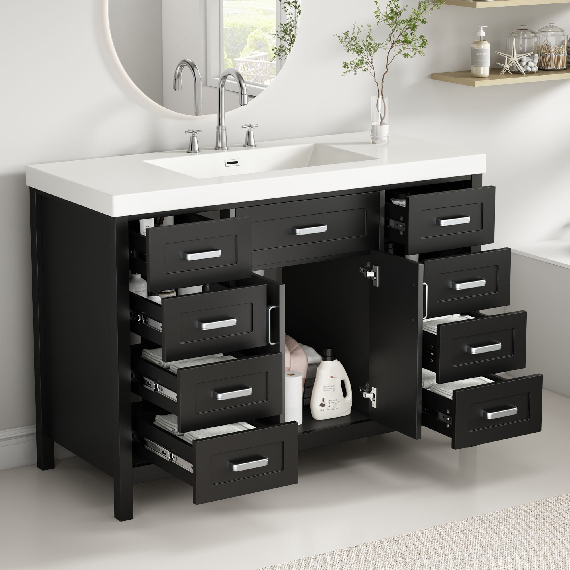 Bathroom Vanity With Sink, 2 Doors & 8 Drawers, Soft Close System