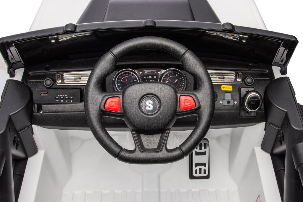 12V7A 30W*2 Four-Wheel Drive Seat One Button Start, Forward And Backward, High And Low Speed, Music, Front Light, Power Display, Two Doors Can Open, 2.4G R / C, Seat Belt Four Wheel Absorber