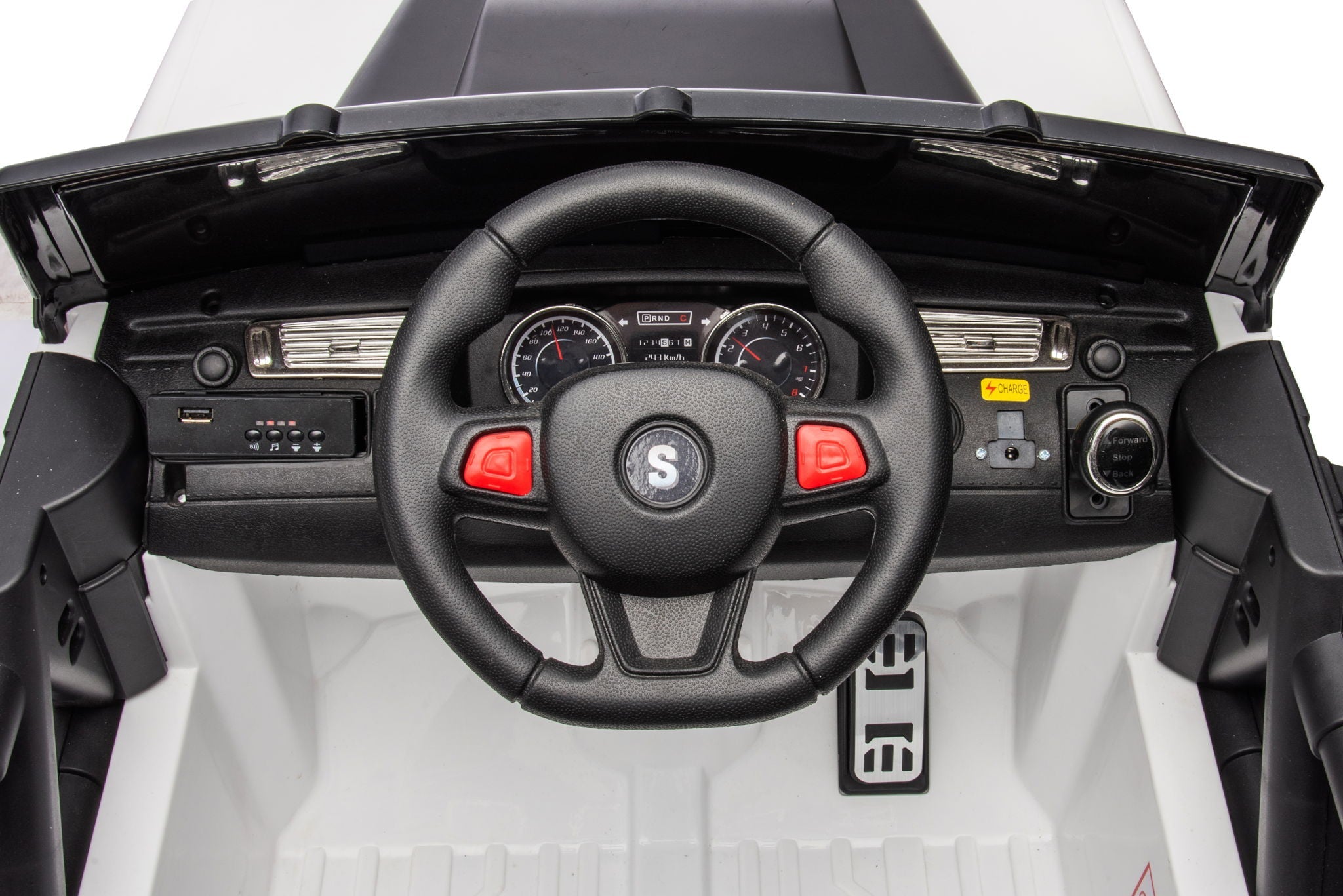 12V7A 30W*2 Four-Wheel Drive Seat One Button Start, Forward And Backward, High And Low Speed, Music, Front Light, Power Display, Two Doors Can Open, 2.4G R / C, Seat Belt Four Wheel Absorber