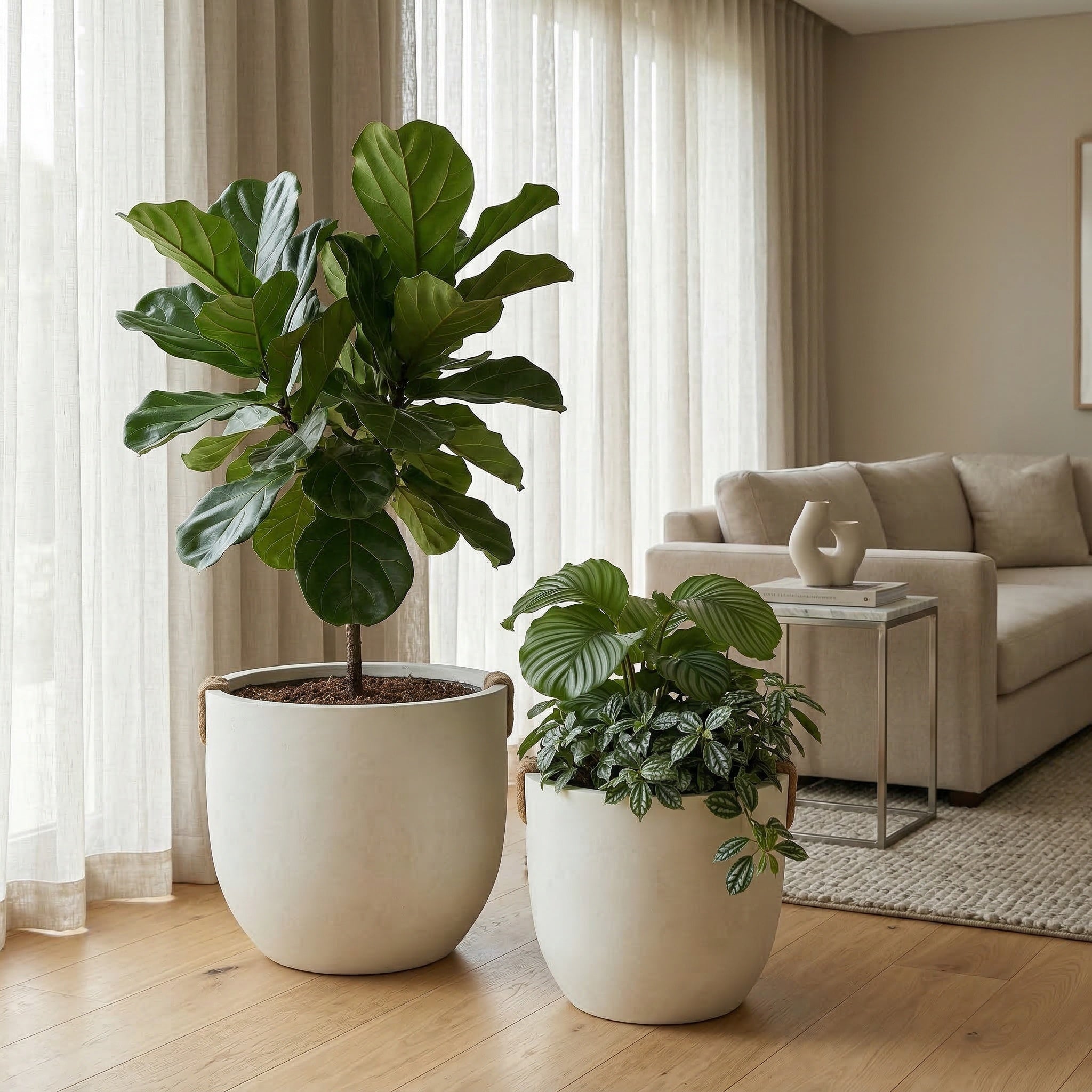 Round Concrete Planter Set of 2, Large Handmade Off White Pots