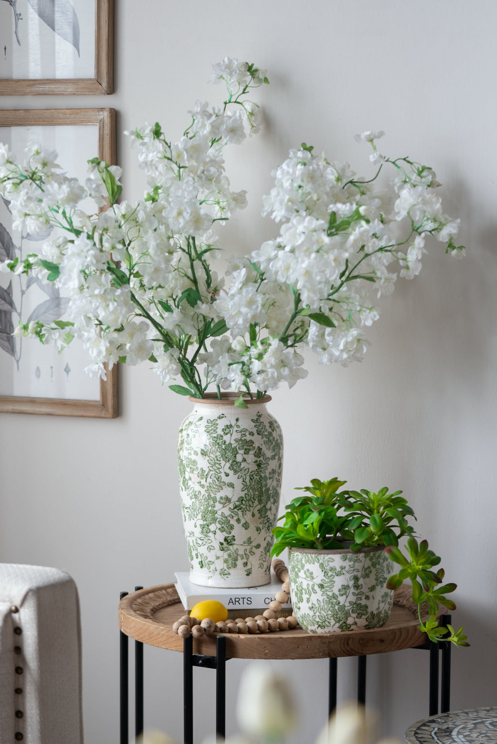 6.5x6.5x11.6 White Ceramic Flower Vase with Green Floral Pattern