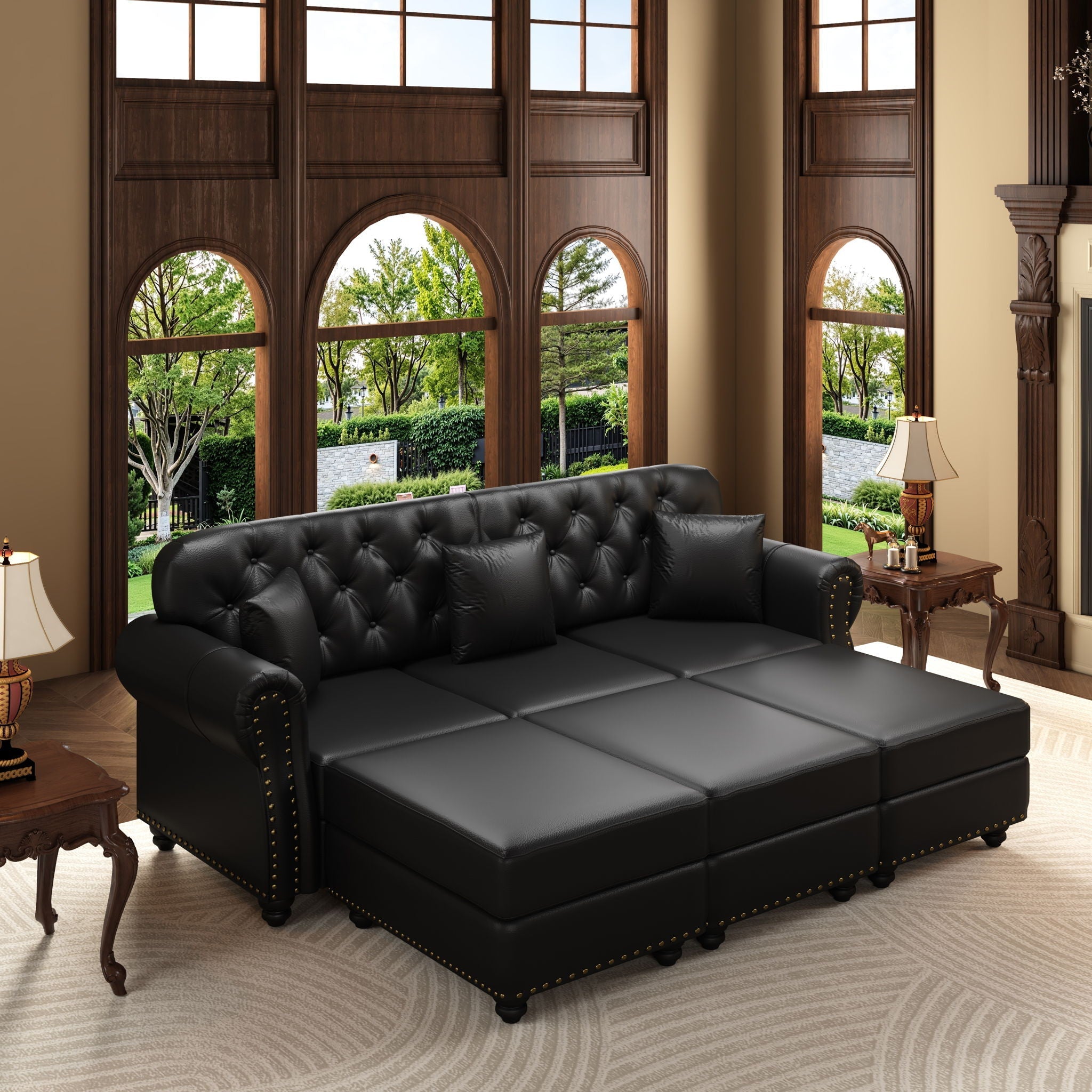 Upholstered Sofa With Nailhead Trim, Rolled Armrests With Ottoman