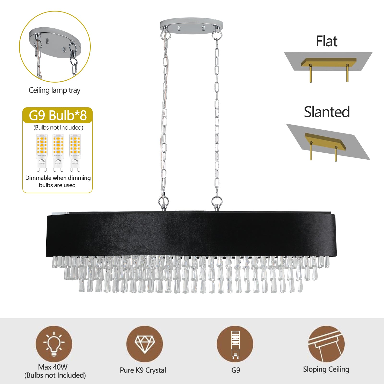 39' Modern Crystal Chandelier with Black Imitation Velvet Shade
