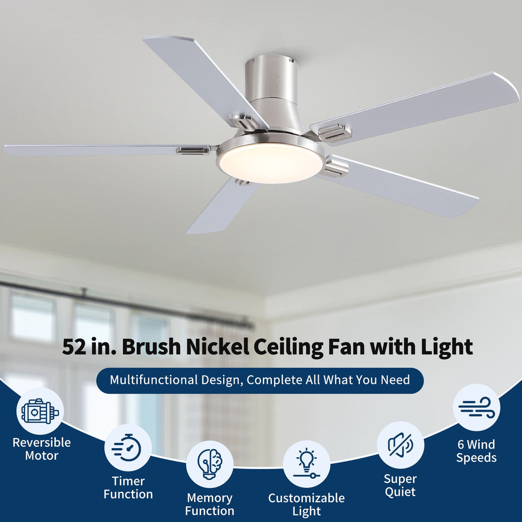 Flush Mount Ceiling Fans With LED Light And Remote Control, 5 Blades