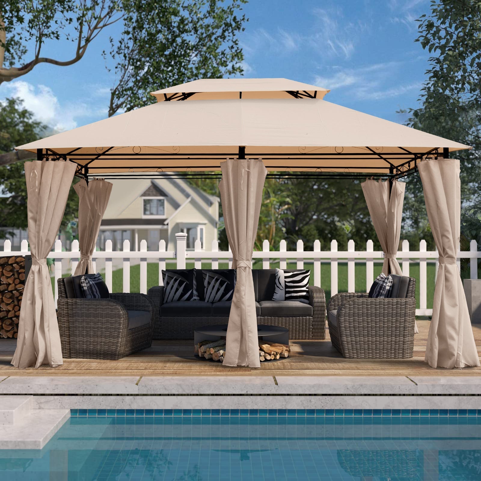 Khaki Outdoor Patio Gazebo Canopy Tent with Ventilated Double Roof