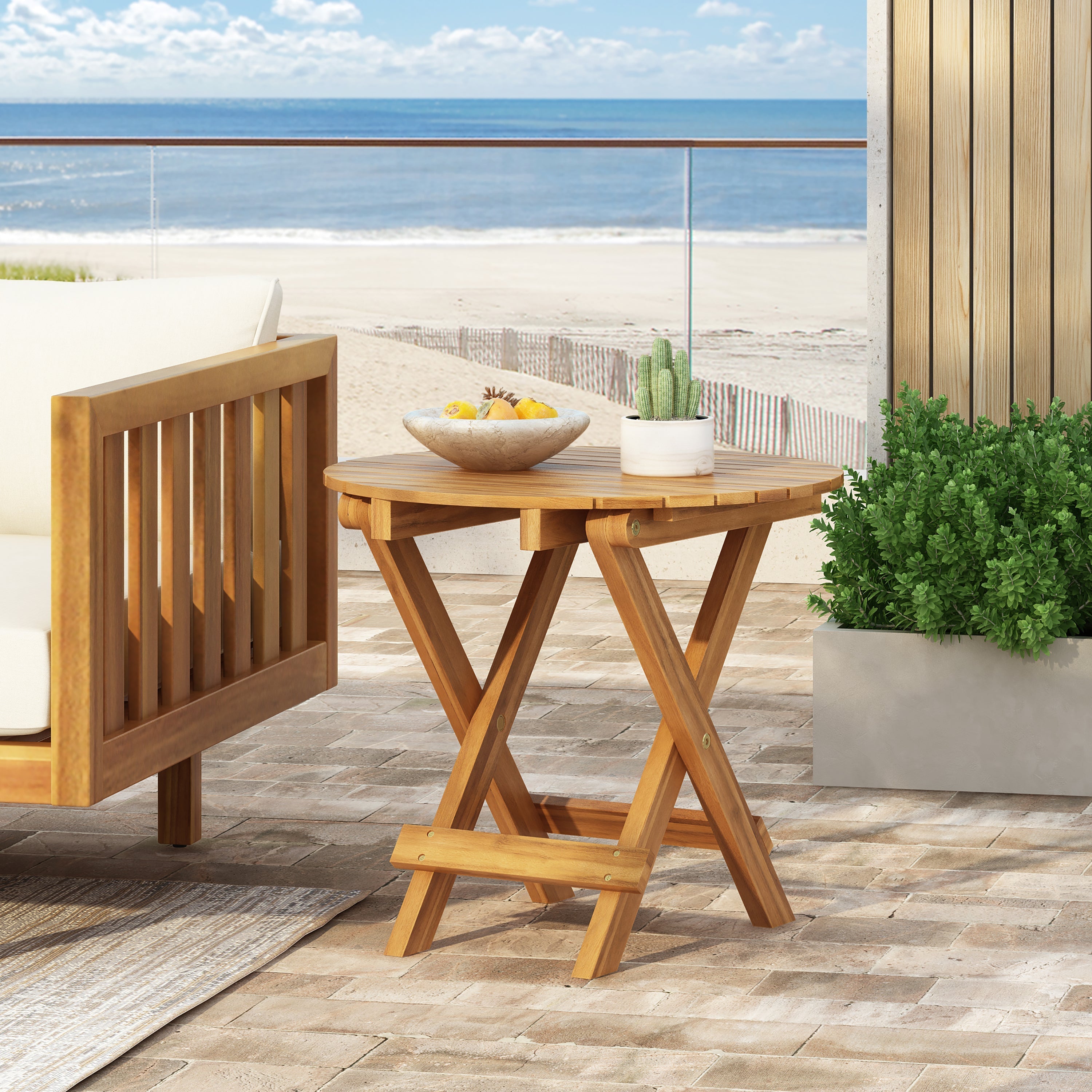 Patio Conversation Set with Foldable Acacia Wood Table and Cushioned Armchairs