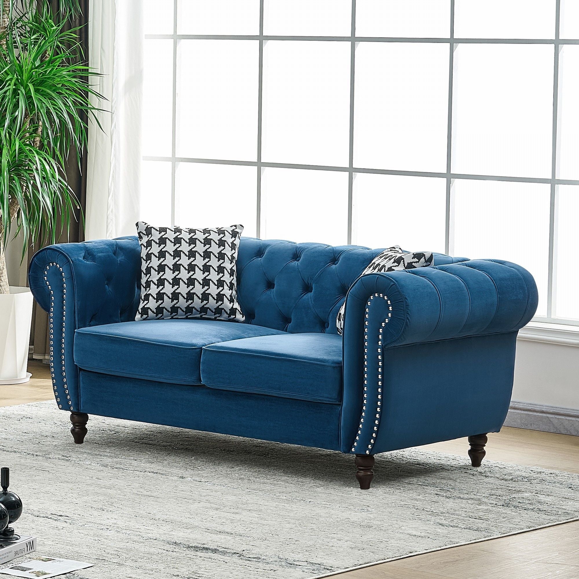 Chesterfield Fabric Sofa With Roll Armrest And Nailhead, Mid Century 2 Seater Couch In