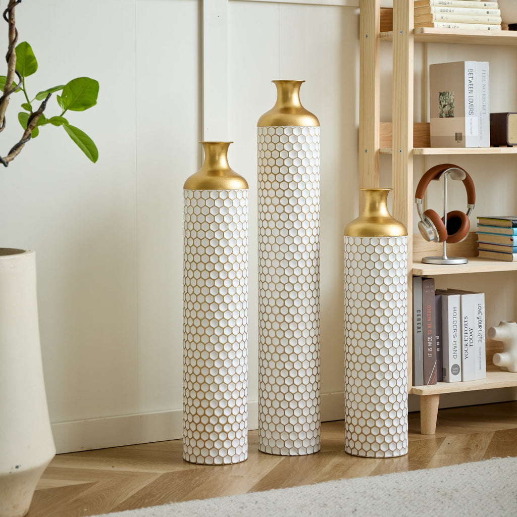 3-Piece Modern Metal Vase Set - White & Gold